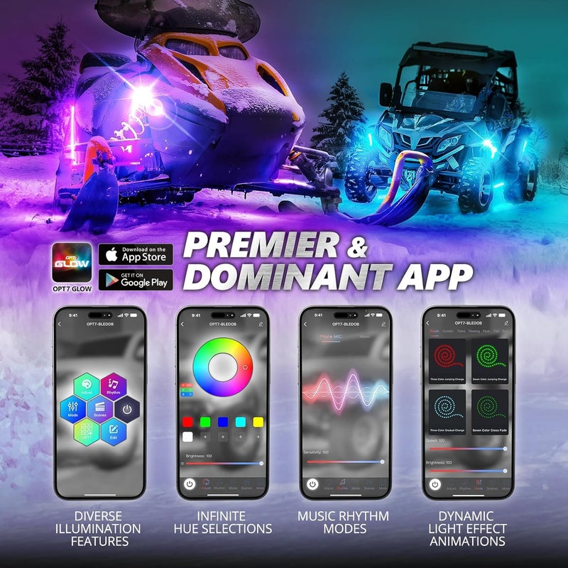 OPT7 Aura Snowmobile ATV Underglow Lights with App & Remote Control, 6PCS RGB LED Light Strips, Multi-Color Music Sync Decor Accessories, Waterproof Exterior Neon Accent Lighting Kit, 12V - Image 2